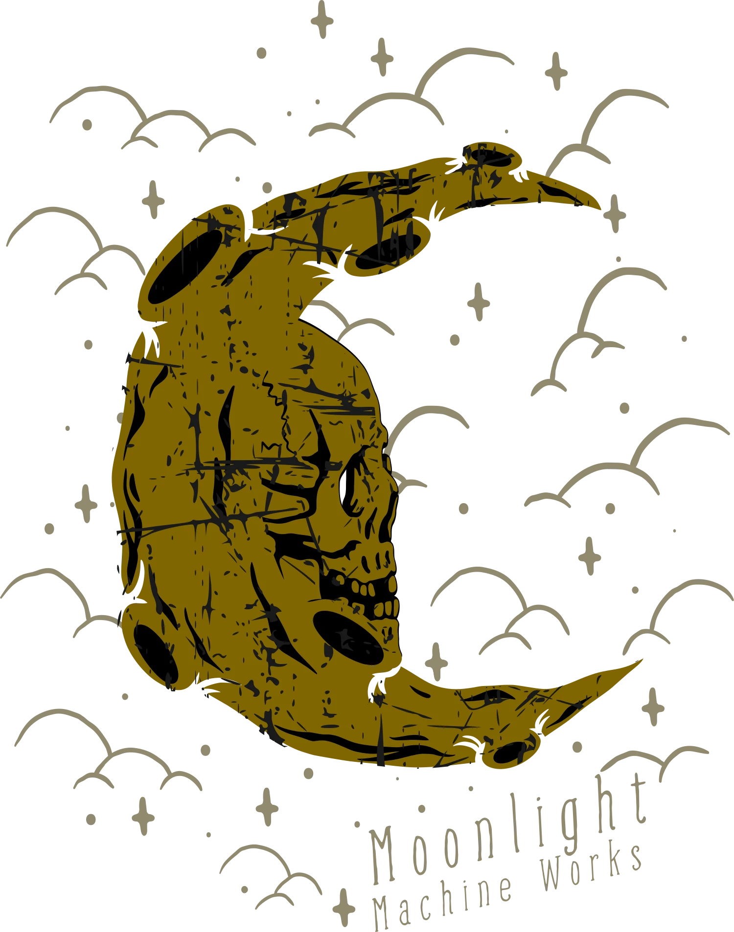 Moonlight Machine Works — skull moon with clouds and stars illustration